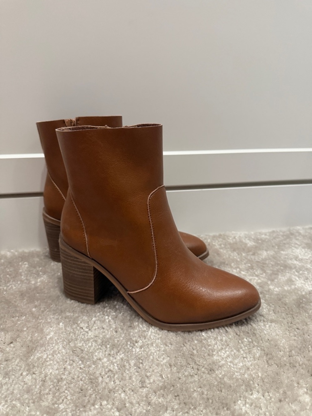 Women's Brown Leather Ankle Boots - Classic Block Heel